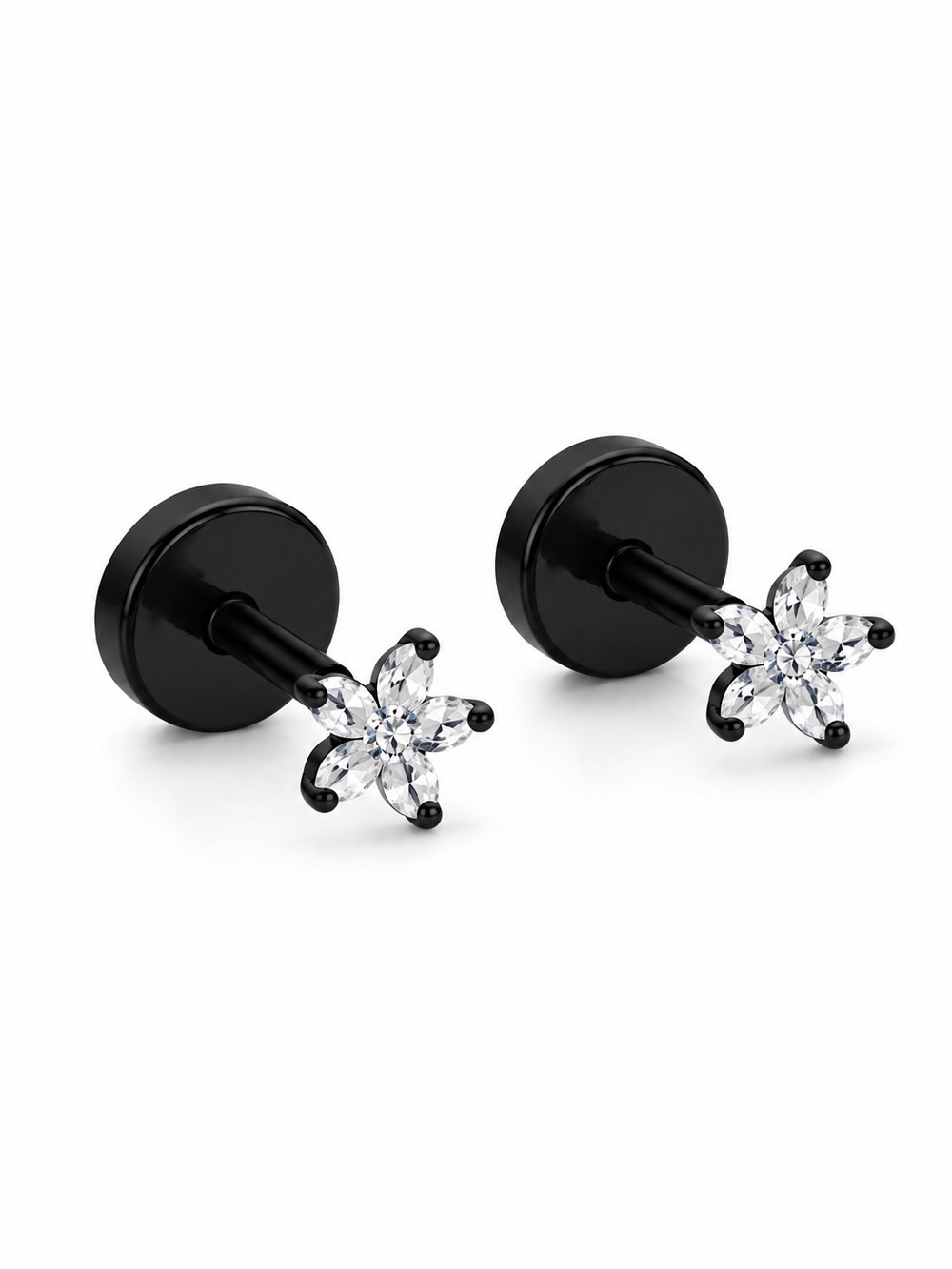 Tiny Flower CZ Flat Back Stud Earrings 20G Stainless Steel